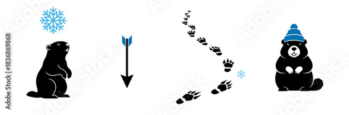 Set of Groundhog Day themed illustrations featuring groundhogs and winter elements on a transparent background
