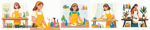 VECTOR WOMAN CLEANING THE TABLE WHITE BACKGROUND FLAT DESIGN