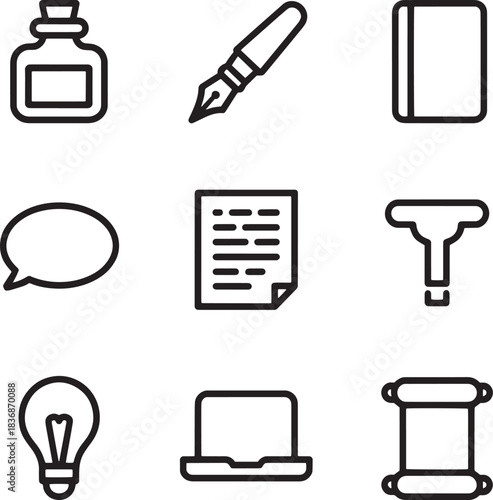 Writing documentation and creative thinking vector outline icons set including office supplies and communication tools