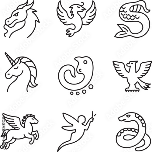 Set of mythological creatures and legendary animals icons vector illustration outlines design
