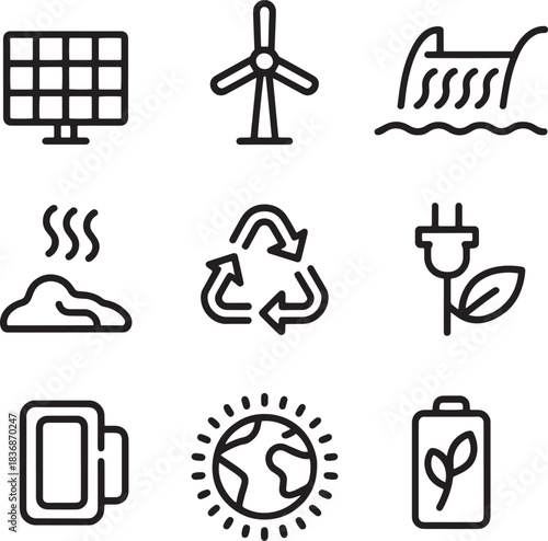 Set of renewable and sustainable alternative energy icons vector illustration outlines design