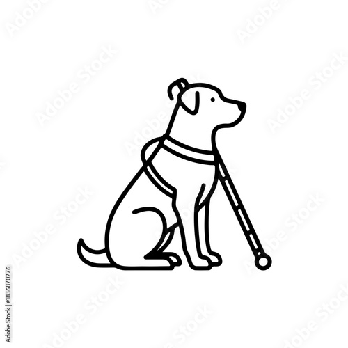 outline illustration combining a loyal Guide Dog (Service Animal) sitting beside a White Cane. A powerful symbol of assistance, companionship, and safety for the visually impaired