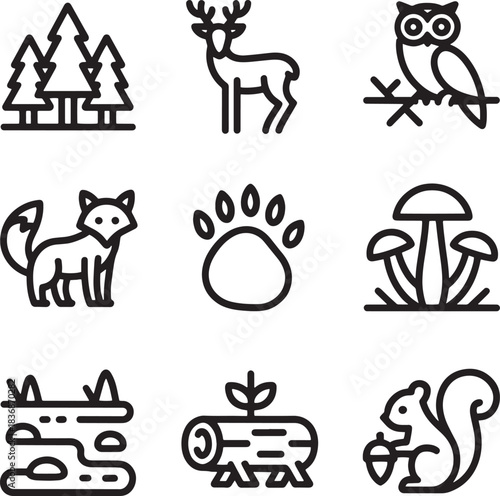 Wilderness wildlife and environment line icons set representing animals forest terrain and natural resources