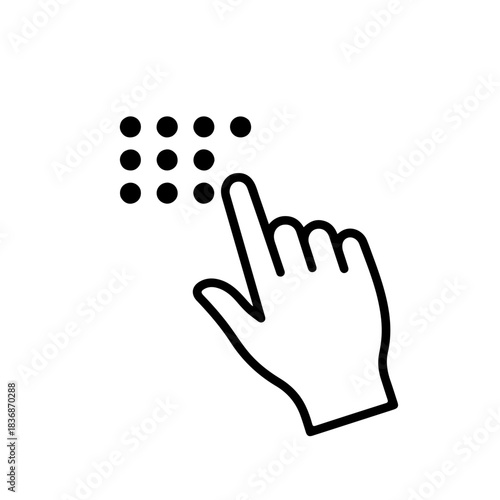black and white illustration showing a hand touching a pattern of raised dots (Braille text). Symbolizing non-visual reading, communication, and accessibility for the visually impaired community