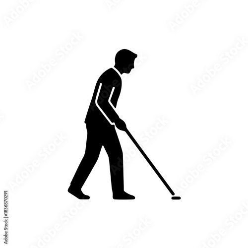black and white silhouette of a visually impaired person walking with a White Cane. Represents autonomy, navigation, and independent mobility for blind individuals