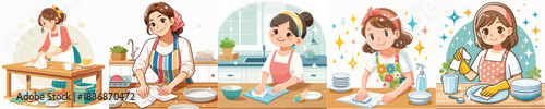 VECTOR WOMAN CLEANING THE TABLE WHITE BACKGROUND FLAT DESIGN