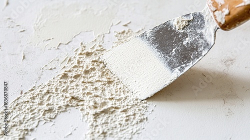 spackle. Extreme close-up of a putty knife smoothing spackle on a wall, showing textural transition. real-estate listings.