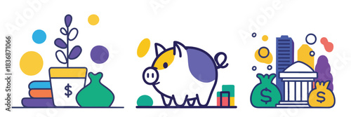 Collection of modern abstract flat line icons representing financial strategy growth and investment concepts