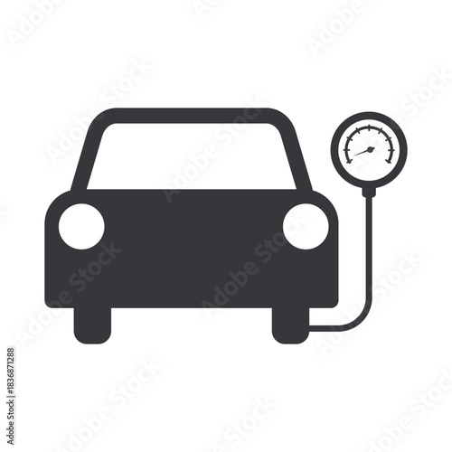 Isolated pictogram of a car with a tire pressure gauge symbol, representing wheel air pressure check, automotive safety reminder, maintenance alert, and vehicle care.