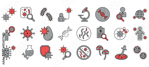 Microbiology icon set, study of microbe, bacteria and virus, disease and infection vector symbol. EPS 10