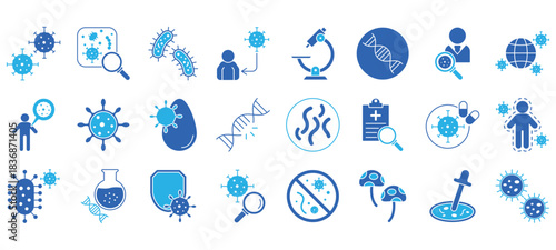 Microbiology icon set, study of microbe, bacteria and virus, disease and infection vector symbol. EPS 10