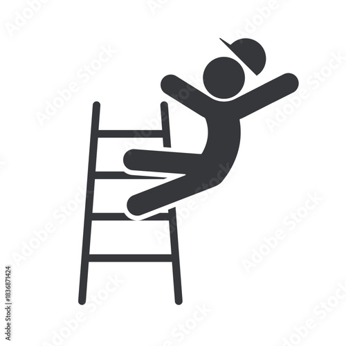 Isolated pictogram of a construction worker wearing a safety helmet falling from a ladder, symbolizing workplace danger, height risk, injury prevention, and safety awareness.