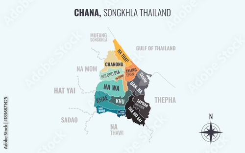 Map showing Chana District Songkhla Thailand divided into sub districts with minimalist colorful patterns