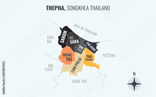 Map showing Thepha District Songkhla Thailand divided into sub districts with minimalist colorful patterns