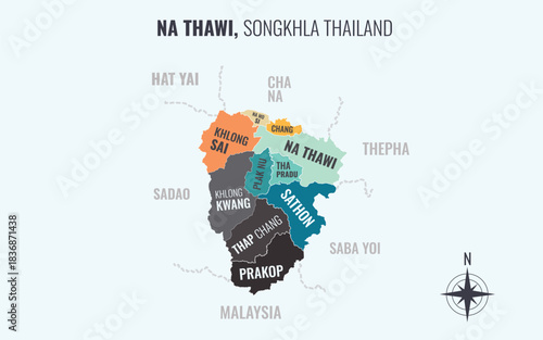 Map showing Na Thawi District Songkhla Thailand divided into sub districts with minimalist colorful patterns