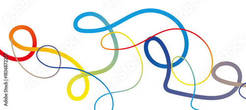 Abstract squiggle ribbons with rainbow gradients create playful waves. Ideal for kids' designs, music posters, carnival graphicsabstract blue background	