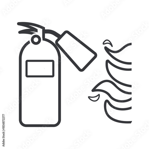 Isolated outline fire extinguisher pictogram with flame symbol, representing emergency equipment location, fire safety instruction, hazard prevention, and building protection signage guidance.