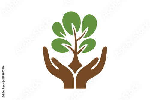 Tree with green leaves in nurturing hands with gentle care in flat design for environmental conservation