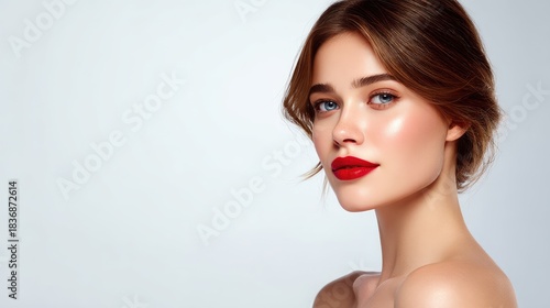 Portrait of a beautiful woman with flawless skin and striking red lips, showcasing natural beauty and elegance against a plain background for beauty concepts