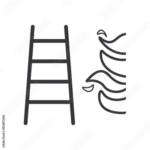 Isolated pictogram of a hand reaching toward rising flames, symbolizing emergency exit ladder, fire escape route, safety warning, and evacuation guidance in hazardous situations.