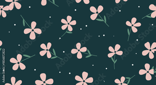 Seamless pattern of cute pink flowers with green stems and small white dots on a dark teal background, perfect for textiles or digital designs.