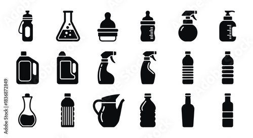 Black icons of various bottles and containers for cleaning and chemicals