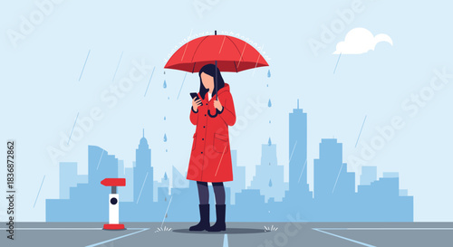 An illustrated woman in a red coat holds an umbrella and uses her smartphone while standing in the rain against a blue city skyline.