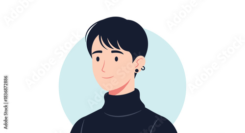 A modern flat vector illustration depicting a friendly young man with short dark hair, an earring, and a black turtleneck, smiling gently.