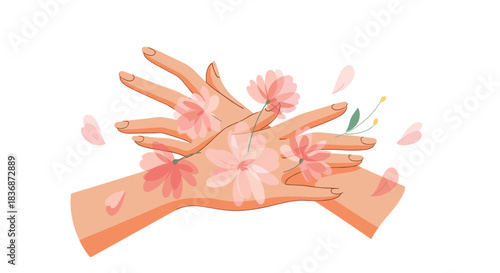 A beautiful illustration depicting two hands gently caressing, surrounded by soft pink cherry blossoms and floating petals, symbolizing grace and tenderness.