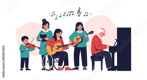 A diverse group of people of different ages and abilities plays various musical instruments together, showcasing inclusion and harmony.