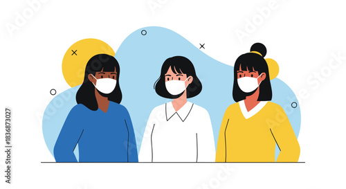 Three diverse young women wearing protective face masks, standing side-by-side with an abstract, colorful background.