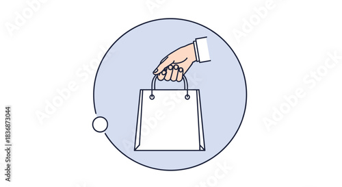 A stylized illustration shows a person's hand holding a white shopping bag, set against a light blue circular background with a decorative white dot.