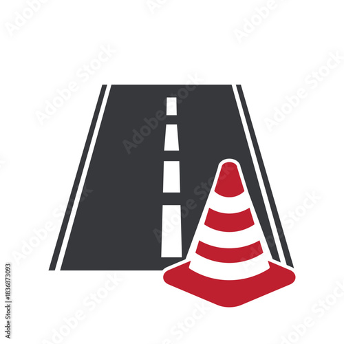 Isolated pictogram of a road with red traffic cone, symbolizing road closure, street block, detour direction, construction warning, and transportation safety signage