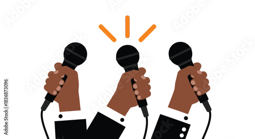 Three hands holding microphones in a discussion