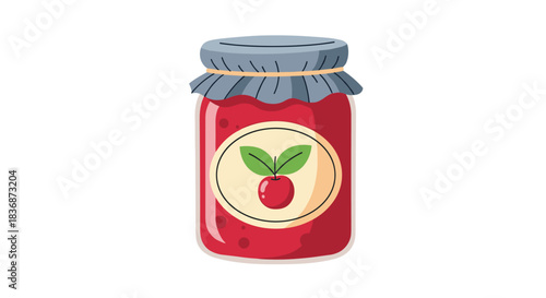 A vibrant illustration of a classic glass jar of sweet cherry jam, topped with a tied fabric lid and an oval cherry graphic label.