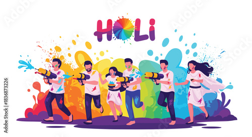 A vibrant illustration of people joyfully celebrating the Holi festival with water guns and colorful splashes.