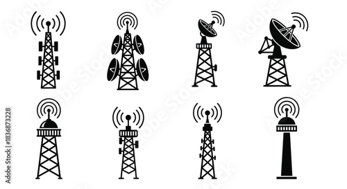 Various communication towers with satellite dishes and antennas