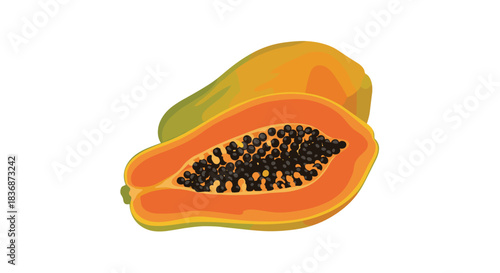 Two vibrant papayas, one whole and one halved with visible black seeds, presented against a clean white background.