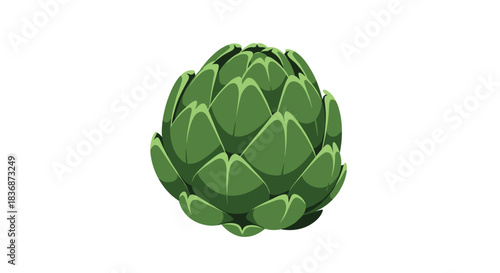 A fresh green artichoke, a healthy and delicious vegetable, standing upright against a clean white background, ready for cooking or consumption.