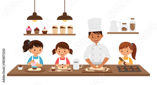A joyful male chef guides three smiling little girls as they enthusiastically bake and decorate delicious pastries together in a kitchen.