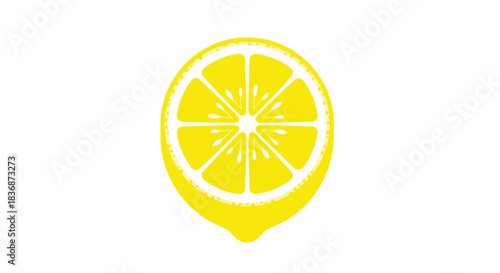 A vibrant and fresh stylized yellow lemon slice with visible segments and a small juice drop, isolated on a clean white background.