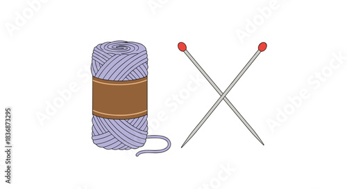 A skein of purple yarn lies next to two crossed knitting needles, representing the tools and materials for the craft of knitting.