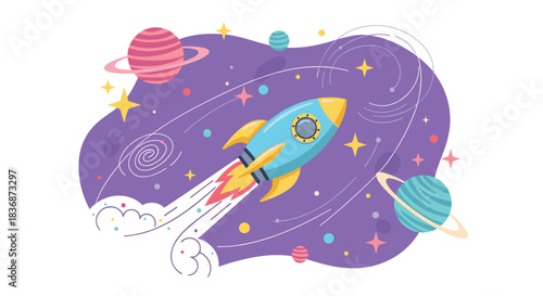 A vibrant blue rocket launches with fiery exhaust through a whimsical purple space, surrounded by colorful planets, twinkling stars, and cosmic elements.