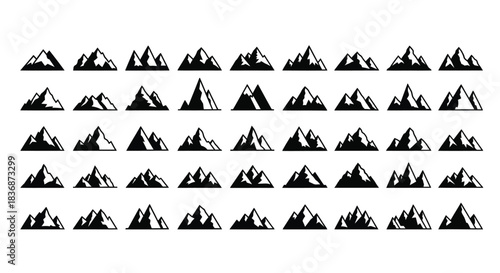 Collection of diverse mountain silhouettes in black