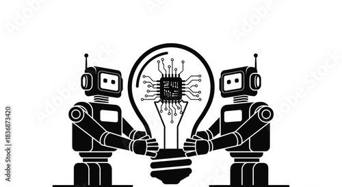 Robots holding lightbulb with circuit board inside