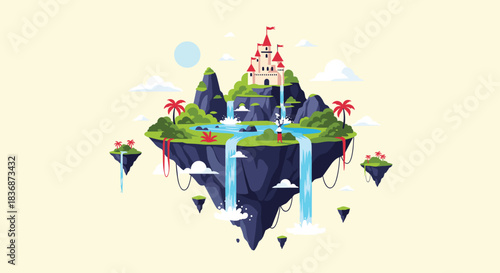A magical floating island landscape featuring a fairytale castle, lush greenery, serene waterfalls, and a tranquil lake under a clear sky.