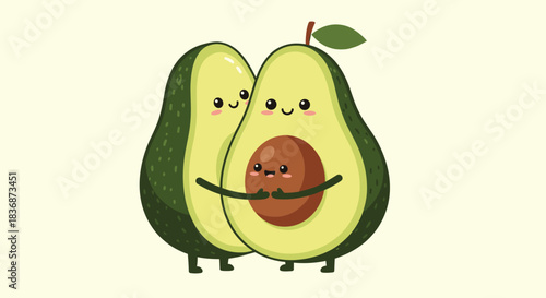 Adorable cartoon avocado couple embracing their baby seed, symbolizing family love and parenthood.