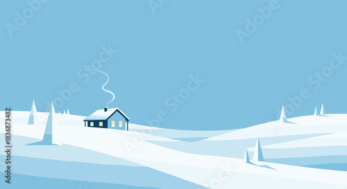 A cozy house with smoke rising from its chimney in a serene, snow-covered winter landscape under a pale blue sky.