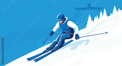 A dynamic illustration of a skier carving down a snowy mountain slope, with a forest and a ski lift silhouette in the background.
