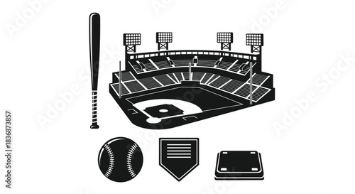 Baseball stadium with bat, ball, and home plate